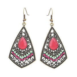 CHICNET Brass Golden Dragon Square Inverted Earrings Teardrop Stones Pink Green Faceted, Stainless Steel Brass