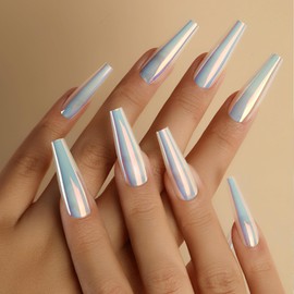 Chrome Press on Nails Ballerina Long Coffin False Nails Holographic Mirror Fake Nails Luxury Chameleon Metallic Full Cover Glue on Nails for Women Girls Artificial Acrylic Nail Decoration 24pcs