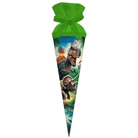 goldbuch 93 157 Gift Bag 35 cm Volcano, Green Sibling Bag, School Cone with Dinosaur Motif, Gift Wrapping, Gift Wrapping, Candy Bag Made of Lacquer Cardboard with Felt Closure