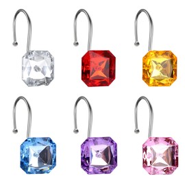 EleCharm 12PCS Decorative Crystal Shower Curtain Hooks,Stainless Steel Rust Resistant Square Rhinestones Shower Curtain Rings Hangers Multi-purpose (6 Colors)