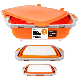 Drip EZ Collapsible BBQ Prep Tubs 3-Piece Set (V2) - For Meal Prep Marinating Food Storage - Includes Cutting Board & Lid - (1) JR + (1) OG + (1) XL - Orange