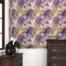 REDAMANCY Golden Purple Floral Leaf Plants Peonies Flowers Watercolor Peel and Stick Wallpaper Stick on Contact Paper Vintage Wall Paper Easy Peel Off for nightstand Drawer Cabinet Renter