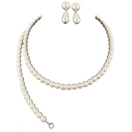 Fashion Jewelry ~ Imitation Faux Pearls Rhinestones Necklace Bracelet and Earrings Jewelry Set for Women (White Silvertone B)