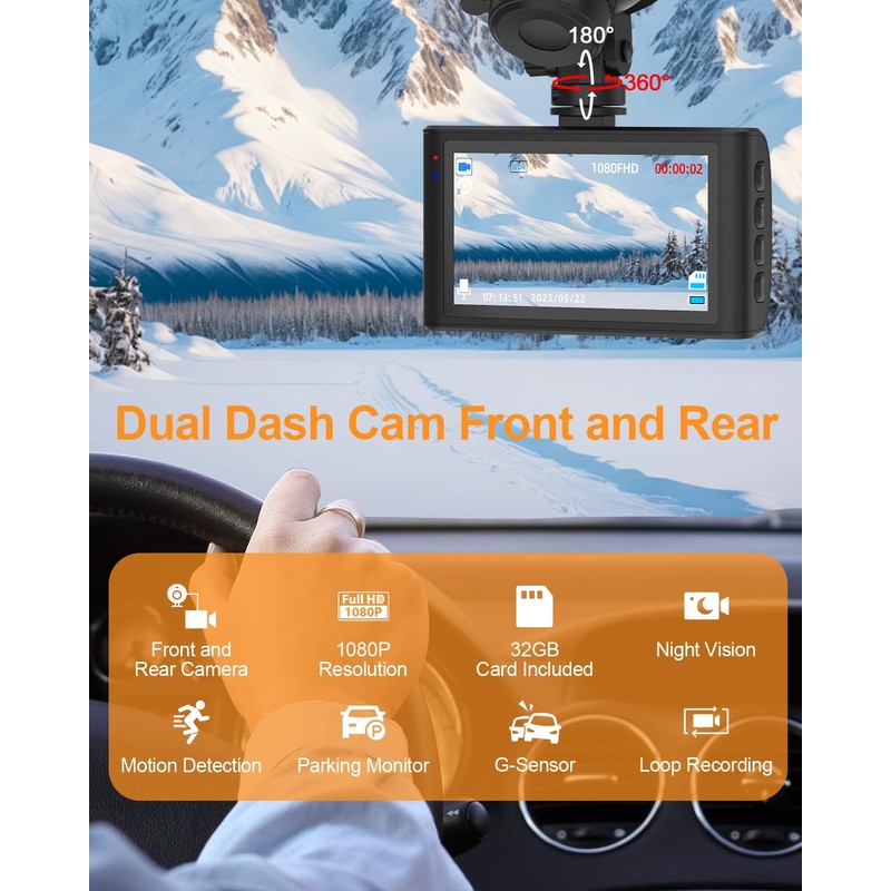 Dash Camera for Cars,1080P Dash Cam Front and Rear with