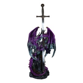 Ebros Gift Large Legendary Celtic Metallic Purple Armored Knight Dragon Holding Bronze Sword and Blue Orb Letter Opener Figurine Home Office Decorative Sculpture Medieval Dungeons Dragons