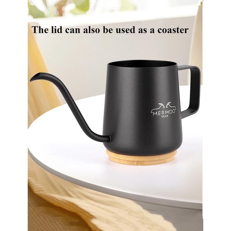 MERMOO YILAN Pour Over Coffee Kettle 12oz, Gooseneck, Wooden Lid,