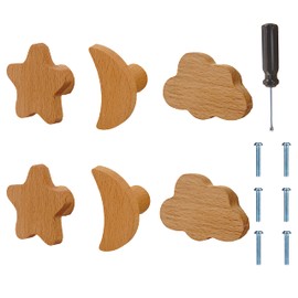 ED-Lumos 6 Pieces Cabinet Knobs Moon Star Cloud Wood Design Drawer Handles for Home Kitchen Bedroom Wardrobe