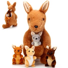 5 Pcs Kangaroo Stuffed Animals, 12 Inch Large Plush Mommy Kangaroo with 4 Little Babies Soft Plush Stuffed Animals Set for Boys and Girls Easter Christmas Birthday Party Favors