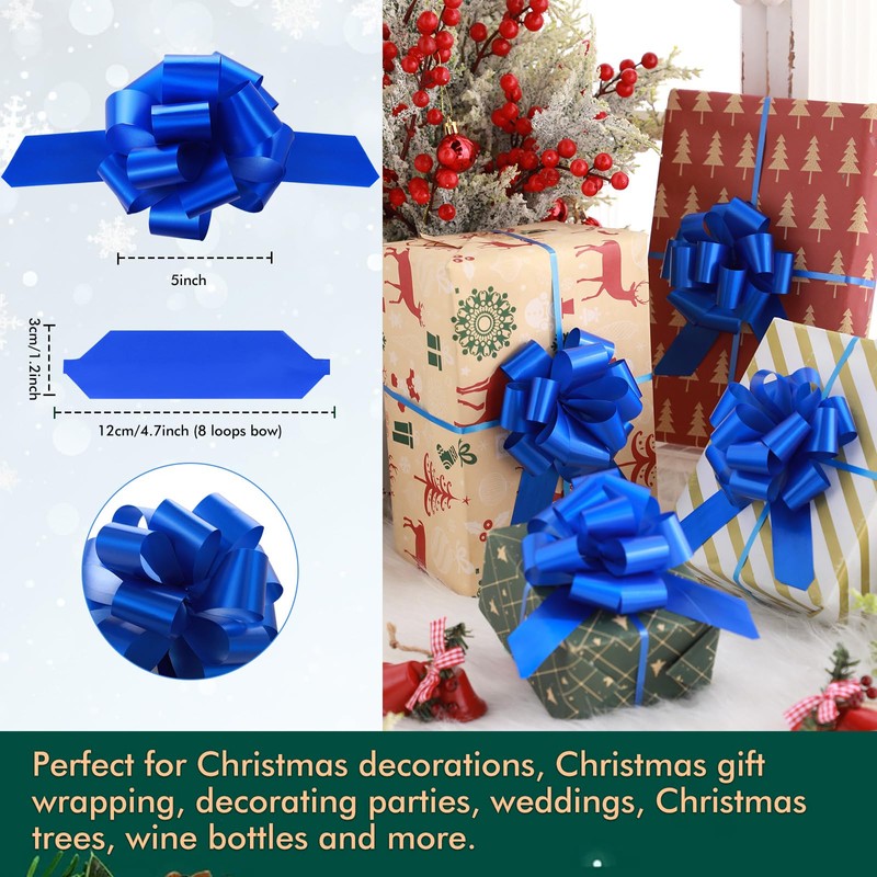 48 Pcs Blue Christmas Pull Bows Bulk for Wrapping Gift