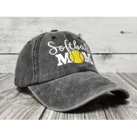 Shenbors Embroidered Softball Mom Hats for Women, Washed Black Ponytail Hat Dad Hat, Cotton Adjustable Snapback Baseball Cap