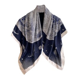 FairyCity Silk Square Scarf, Navy Blue Celestial Pattern, Stars and Galaxy Print, 35x35 inches