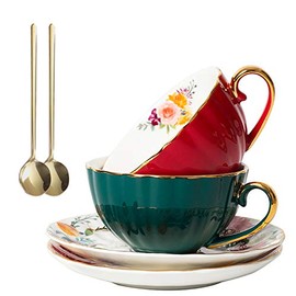 Coffee Tea Cups,Porcelain Espresso Cups Set of 2,(8 oz)with Gold Trim and Gift Box,Tea Cups and Saucers Spoon,European Luxury Couple Coffee Cup Set,China Porcelain Tea Set(Crimson+Dark Green)