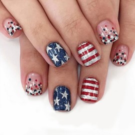 24Pcs 4th of July Press on Nails Short Square Independence Day Fake Nails with Colour Sequin Star Stripe Design Cute Stick on Nails Full Cover Artificial Glue on Nails Patriotic False Nails for Women