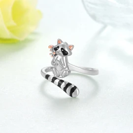 qielizhu Raccoon Ring 925 Sterling Silver Racoon Open Rings Adjustable Cute Animal Racoon Gifts for Women
