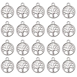 Shapenty Round Metal Tree of Life Charms Pendants Beads Jewelry Findings Making Accessory for DIY Craft Bracelet Necklace Earring Keychain Gift Party Favor, 20PCS (Silver)