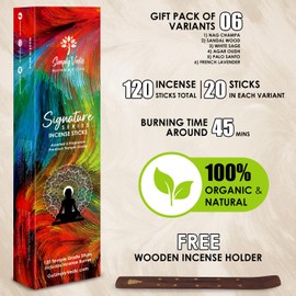 Simply Vedic Signature Incense Sticks Gift Set | 120 Natural Hand-Rolled Non-Toxic Agarbatti with Holder | Sandalwood, Nag Champa, Oudh, Palo Santo, Lavender, Sage | Aromatherapy Meditation Pooja Home