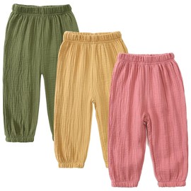 GFQLONG 3 Pack Toddler Boy Girl Casual Basic Plain Soft Trousers Baby Summer Fall Comfy Cotton Linen Bloomers Pants,Pink&Yellow&Green,3-4T