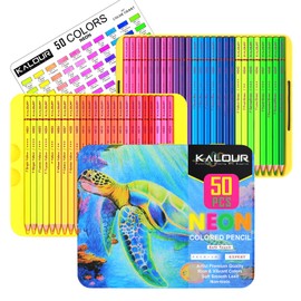 KALOUR PDAS 50 Neon Colouring Pencils for Adult Colouring Books, Fluorescent Colors, Professional Drawing Pencils Set, Art Supplies Set for Adults, Beginners, Artists, Soft Core