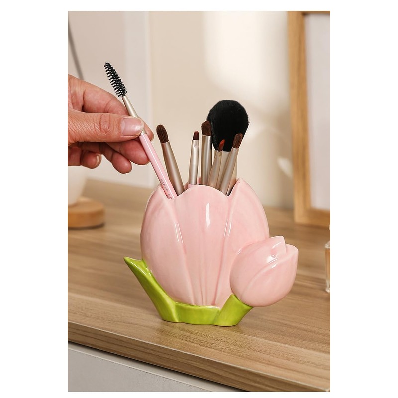 Hosoncovy Ceramic Tulip Makeup Brush Organizer Pot Makeup Brush Holder