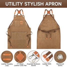 SAN LIKE Woodworking Apron for Men Chef Aprons for Men with Large Pockets Durable Waxed Canvas Heavy Duty Wood Working Apron Adjustable Size S to XXL (Brown, 1 pack)