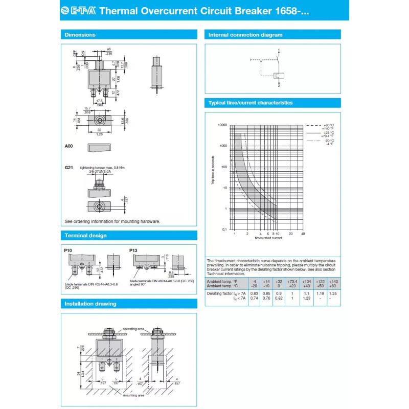 ETA Circuit Breaker, Push To Reset, Single Pole, AC240V, DC28V,