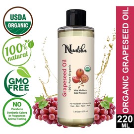 Nualoha USDA Organic Grapeseed Oil (220 ml), Pure Cold Pressed Natural Carrier Oil For Acne Prone Skin, Hair Care,Anti-Aging Moisturizer