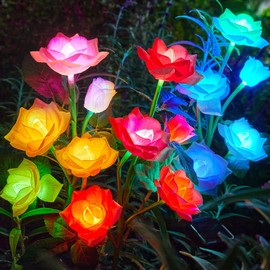 RECHOO Solar Garden Lights Outdoor Decorative, 3 Pack Solar Flower Lights with 15 Rose Flowers, Multi-Color Changing LED Waterproof Garden Decor for Patio Yard Pathway Decoration