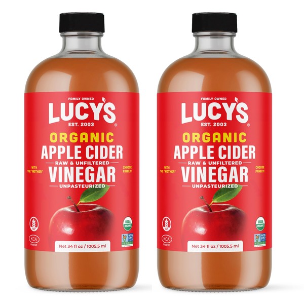 Lucy's Family Owned - USDA Organic NonGMO Raw Apple Cider Vinegar, Unfiltered, Unpasteurized, With the Mother, 34oz Glass Bottle (2 Pack)