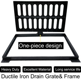 MASSLUNT Cast Iron Drain Grate and Frame, 20x12 Outdoor Drain Cover with Base, B Class Sewer Grate, Durable Heavy Duty Channel Grate, Black Rectangle Drainage Grate for Driveway, Concrete, Yard