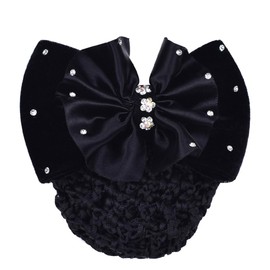 Women Black Bowknot Snood Net Barrette with Rhinestone Elastic Hair Bun Cover Hair Clip Hairnet Lace Bow Headdress for Bank Clerk Nurse Air Hostess