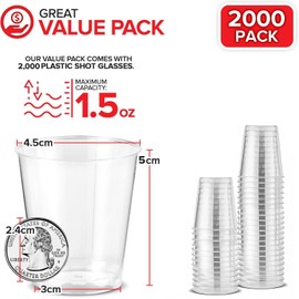 Stock Your Home 1.5 oz Shot Glasses (2000 Pack) - Clear Plastic Disposable Shot Cups for Jello Shots - Sample Cups for Food and Wine Tasting - Mini Party Cups for Condiments, Dipping Sauce, Holidays
