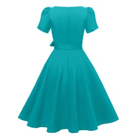 tagunop Women's Boatneck Vintage 1950s Cocktail Party Dress with Puff Sleeves Turquoise XL