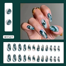 Press on Nails Almond Medium Fake Nails Green False Nails with Design Gradient Marble Stick on Nails Glossy Acrylic Full Cover Glue on Nails Exquisite Artificial Nails for Women Manicure 24Pcs
