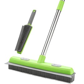 Rubber Broom with Squeegee for Carpet Animal Hair Remover, 57 Inch Long Handled Fur Remover Rake Portable Detailing Lint Brush, Pet Lint Removal, Carpet, Hardwood Floor, (Green)
