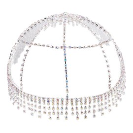 GORGECRAFT Headgear with Tassel and Crystal Rhinestone Multilayer Head Chain Mesh Roaring Jewellery Sparkling Bridal Headbands Wedding and Prom Hair Flapper Caps Headscarf for Women, Alloy, rhinestone