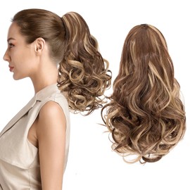 Silk-co 11" Short Curly Ponytail Extension Hair Pieces for Women Hair Extension Clip in Ponytail Hair Extensions Classic Natural Hair - Light Brown & Ash Blonde