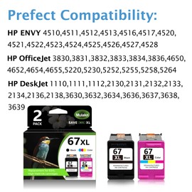 Mulakn 67XL for HP Ink 67 67XL Black/Tri-Color Combo Pack for HP DeskJet 2755e 2700 2855e 4155e 4255e 4100 Envy 6055 6055e 6455e 6400 Printer