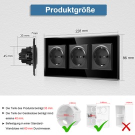 CNBINGO Schuko Socket with Claws - Triple Wall Socket with Glass Panel - 16 Amp EU Standard Socket Flush-Mounted with Child Lock - Triple Black