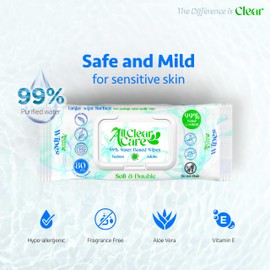 All Clear Care Baby Wipes, Unscented Wet Wipes for Sensitive Skin, 3 Pack, 99% Water, Large Wipe Surface, for Babies & Adults, Hypoallergenic and Gentle, Vitamin E and Aloe, Flip Top Lid, 240 wipes