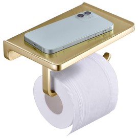 DIKUROOMS Brushed Gold Toilet Paper Holder with Phone Shelf, Wall Mounted Zinc Alloy Bathroom Accessories Rustproof Tissue Roll Holders Dispenser