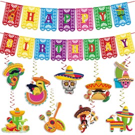 Mexican Fiesta Birthday Party Decorations, Colorful Happy Birthday Banner and Hanging Swirls Set Mexican Fiesta Party Decorations for Cinco De Mayo Decor