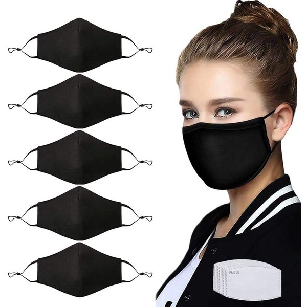 NBDIB 5 Pcs Adult Unisex Reusable Washable Adjustable Face Protection with Filter Pocket and Nose Wire Black Breathable Cotton Dust Cloth Mask with 10Pcs Replacement Carbon Filters for Man and Women