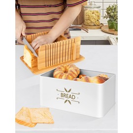 Candco 3 in 1 Bread Box with Bamboo Bread Slicer, Metal Bread Box Bread Slicer for Homemade Bread, Bread Storage Container Set Foldable Cutting Guide for Kitchen Countertop