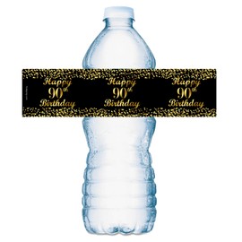 Etiquetas negras para botellas de agua de 90 cumpleaños, juego de 20 envolturas impermeables para botellas de agua, oro y negro, etiquetas de feliz cumpleaños, fabricadas en Estados Unidos.