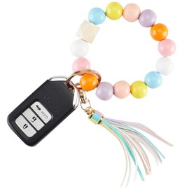 HenSan keychain wristlet Silicone Key Ring Bracelet Car Keys Holder Women Beaded Bangle Chains with Leather Tassel(Rainbow)