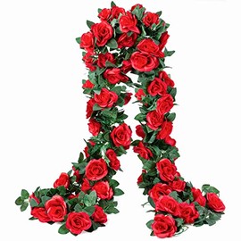 Paquete de 2 guirnaldas Artificiales de Flores Falsas de Vid de Rosa de Seda para Colgar Plantas de Hiedra para el día de la Madre, Boda, Fiesta, jardín, decoración de Arte estético (Rojo)