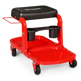 M-AUTO Garage Roller Seat Heavy Duty Rolling Shop Mechanic Creeper/Shop Stool with Tool Tray and Equipment Rack, 300LBS Capacity Creeper Seat with 5 Rollers for Detailing Car, Red
