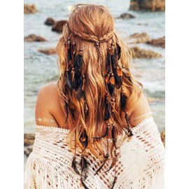 Zoestar Boho Feather Headband, Indian Tribal Headpiece, Feathers, Tassel, Hippie Headpiece, Festival, Costume, Hair Accessories for Women and Girls