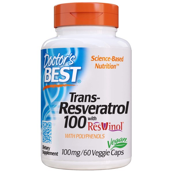 Doctor's Best, Trans-Resveratrol with Resvinol, Non-GMO, Vegan, Gluten Free, Soy Free, 100 mg, 60 Veggie Caps (DRB-00171)