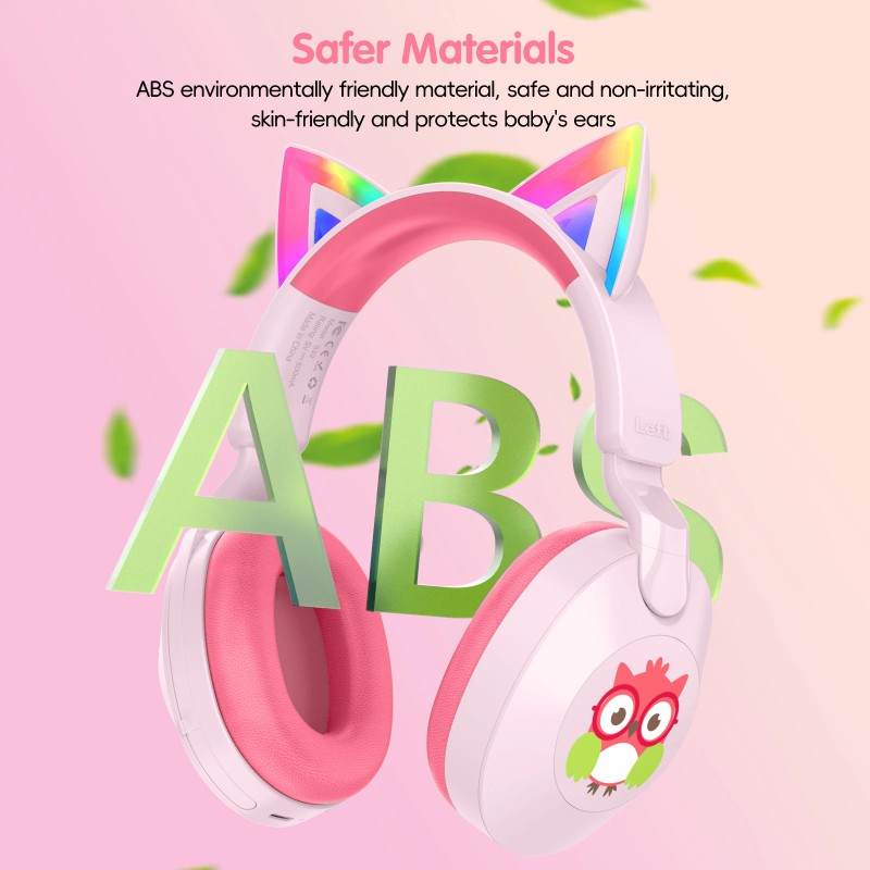 LOBKIN Kids Headphones Microphone Toddler Cat Ear LED Light Rotatable